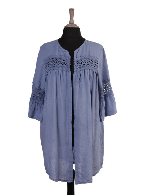 Italian Front Open Lace Detail Linen Cardigan