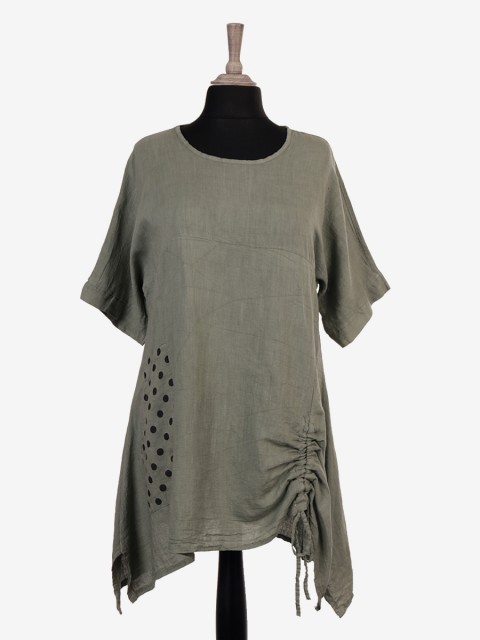 Italian Front Pocket Detail Ruched Linen Tunic Top