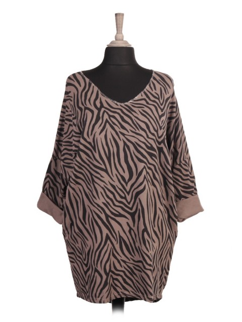 Italian Glittery Trim V-neck Zebra Print Top