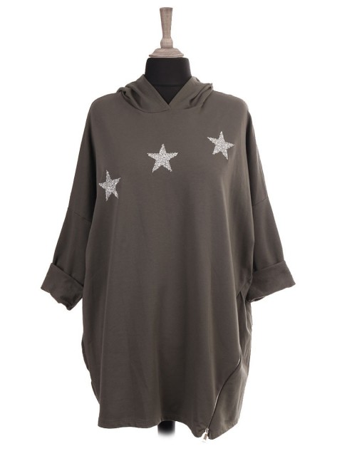 Italian Hooded Glitter Stars Top With Side Zip Detail