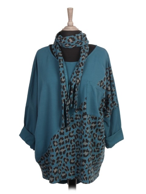 Italian Leopard Print Batwing Top with Scarf