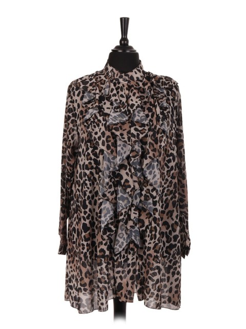 Italian Leopard Print Ruffle Blouse With Front Button Fastening