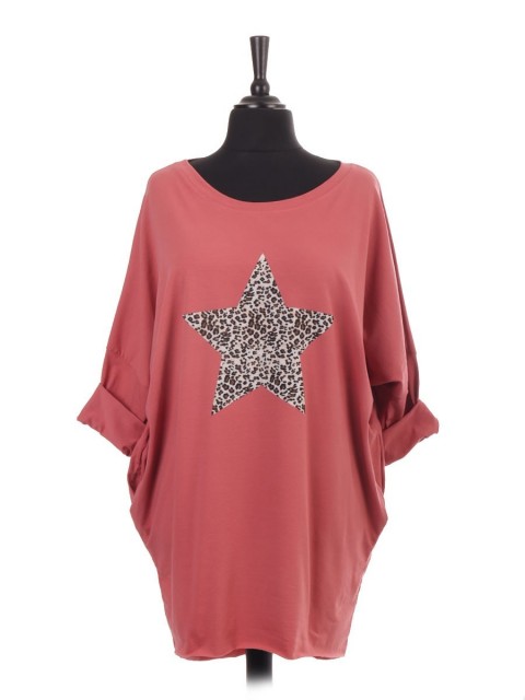 Italian Leopard Print Star Dip Hem Batwing Top