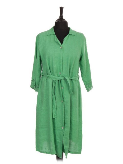 Italian Linen Belted Shirt Dress with Crochet sleeves