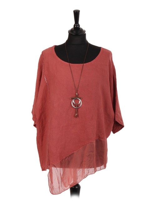 Italian Linen Assymetrical Chiffon Hem Top With Necklace