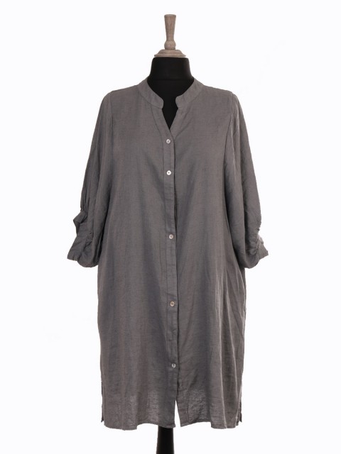 Italian Mandarin Collar Button Through Linen Shirt Dress