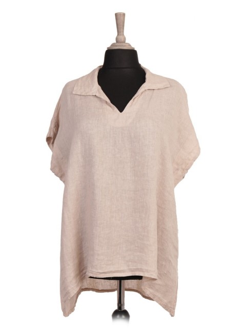 Italian Notch Collar Neck Dip Hem Linen Top