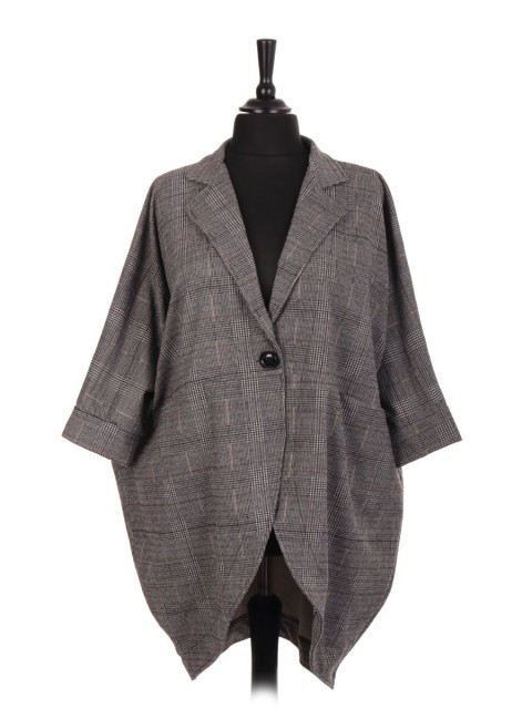Italian One Button Check Pattern Batwing Coat