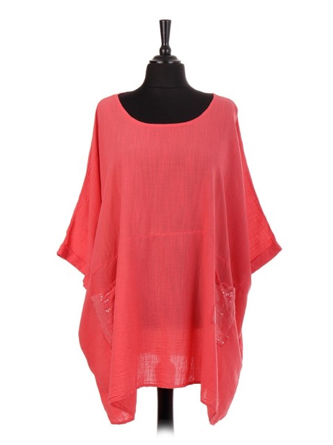 Italian Oversized Cotton Batwing Top With Sequin Pockets