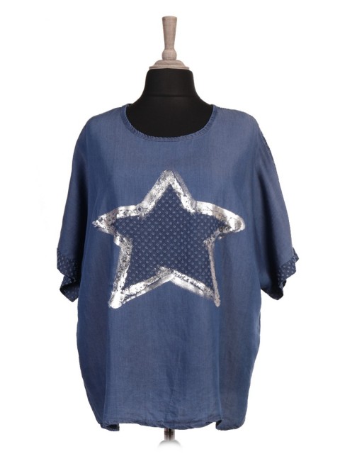 Italian Perforated And Glossy Star Chambray Top