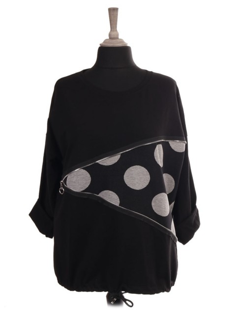 Italian Polka Dot Drawstring Hem Top With Zip Detail