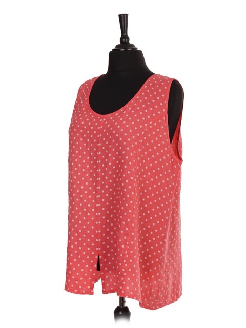 Italian Polka Dot Print Sleeveless Top With Split Hem