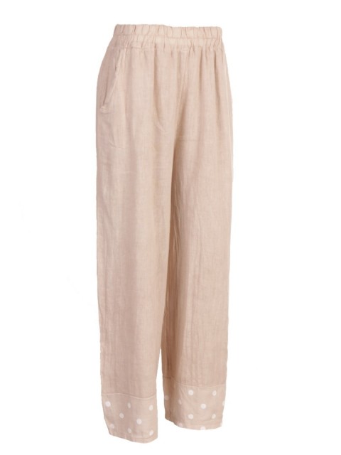 Italian Printed Hem Linen Palazzo Pants With Side Pockets