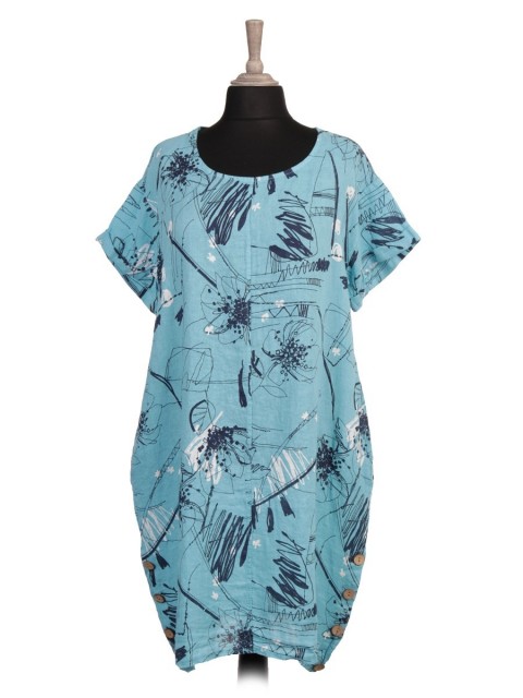 Italian Printed Linen Lagenlook Dress with Side Button Panel