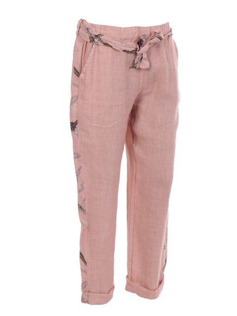 Italian Printed Side Panel Linen Trouser With Side Pockets
