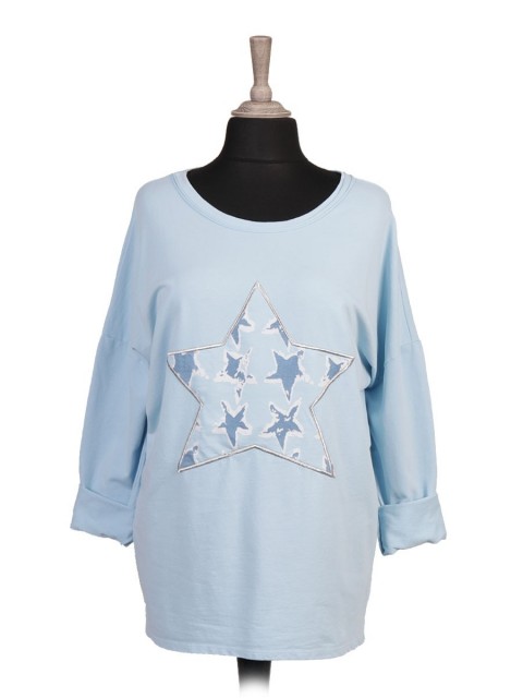 Italian Printed Star Patch Dip Hem Top