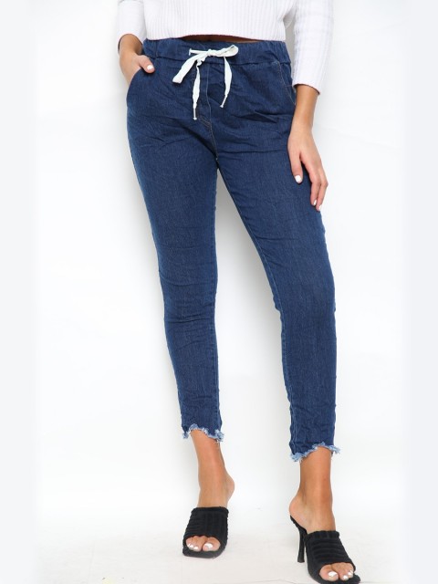 Plus Size Raw Edge Detail Denim Trousers With Side Pockets