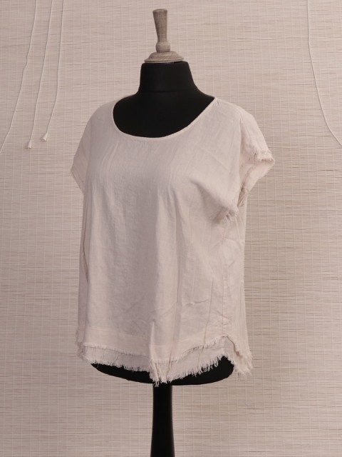 Italian Raw Edge Linen Dip Hem Top-Beige