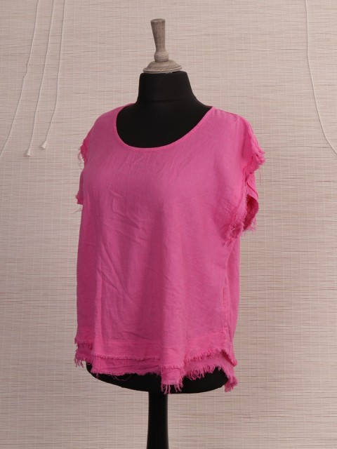 Italian Raw Edge Linen Dip Hem Top-Cerise