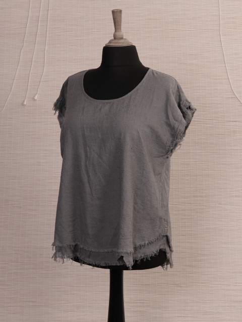 Italian Raw Edge Linen Dip Hem Top-Grey