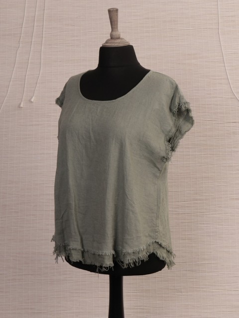 Italian Raw Edge Linen Dip Hem Top-Khaki