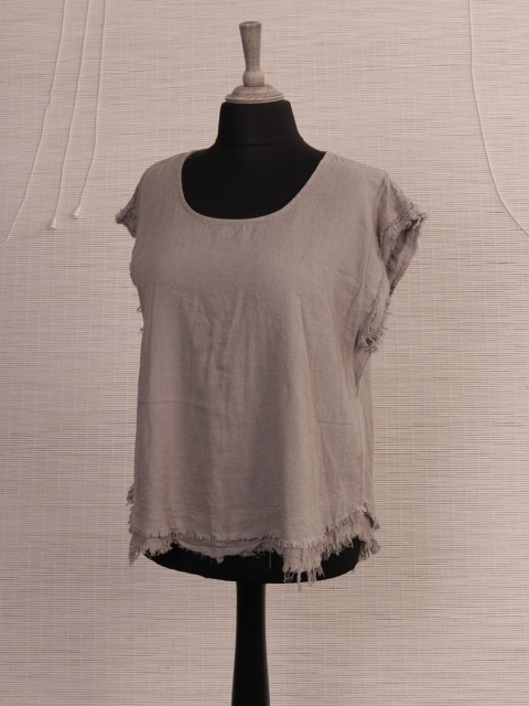 Italian Raw Edge Linen Dip Hem Top-Mocha