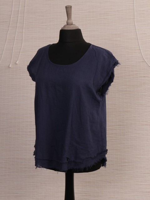 Italian Raw Edge Linen Dip Hem Top-Navy