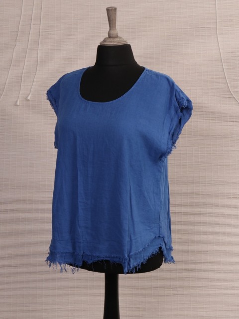 Italian Raw Edge Linen Dip Hem Top-Royal Blue