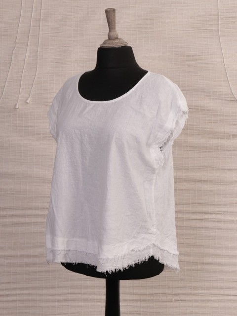 Italian Raw Edge Linen Dip Hem Top-White