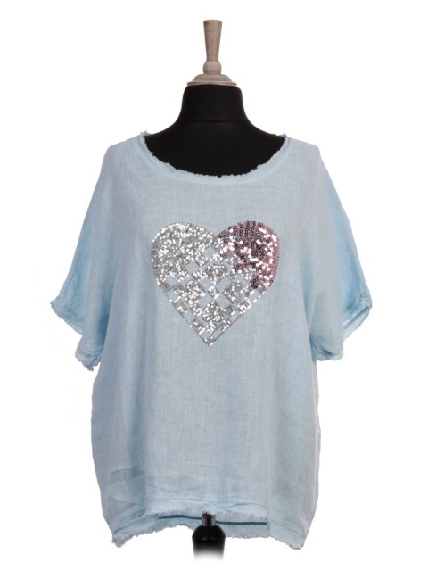 Italian Raw Edge Sequin Heart Linen Dip Hem Top