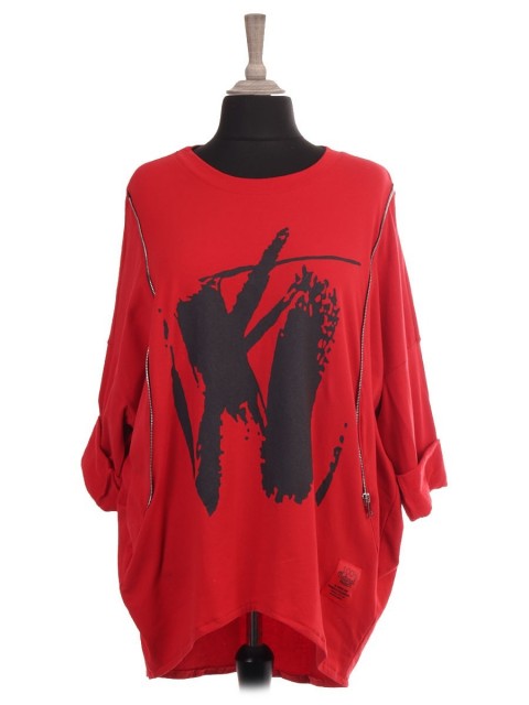 Italian Red Label Abstract Print Dip Hem Sweat Top With Side Zip Detail