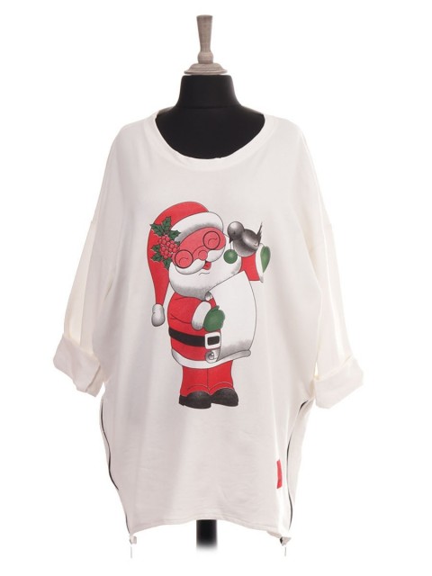 Italian Red Label Santa Print Sweat Top With Side Zip Detail