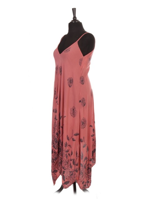 Italian Rose Flower Print Strappy Handkerchief Hem Dress