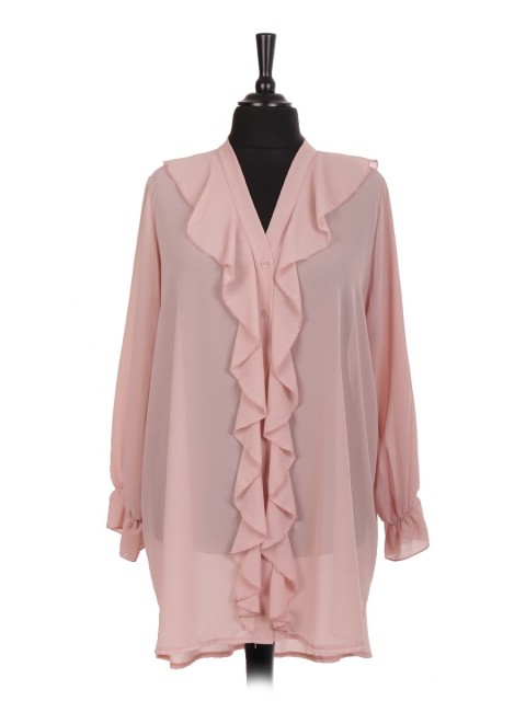 Italian Ruffled Blouse With Front Button Panel And Elasticated Sleeves