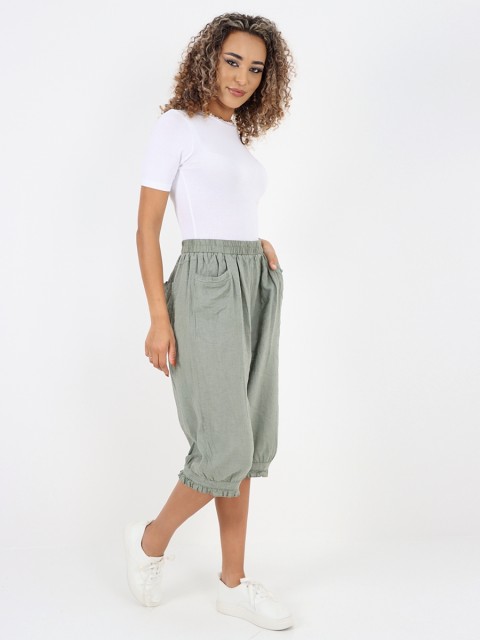 Italian Ruffled Hem Relaxed Fit Linen Trousers