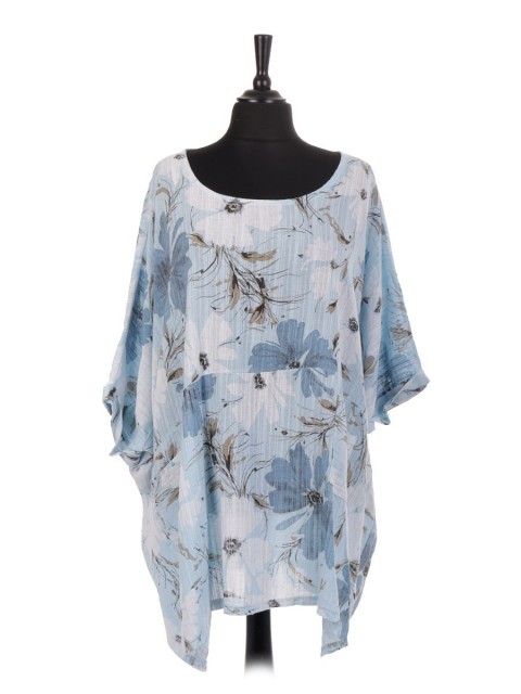 Italian Linen Floral print Batwing Top With Pockets