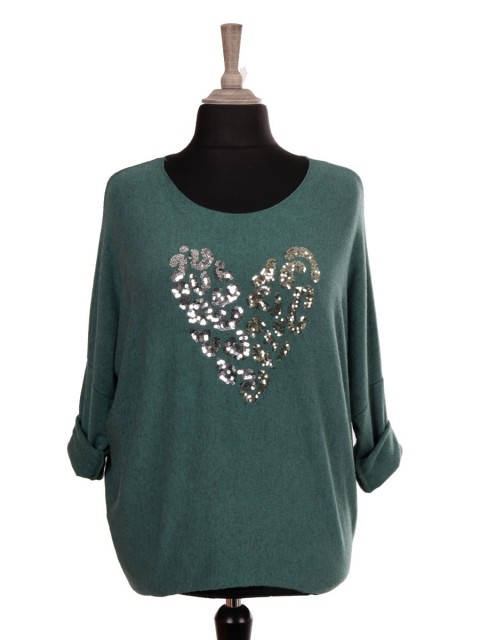 Italian Sequin Heart Detail Fine Knitted Top