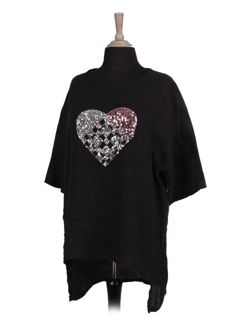 Italian Sequin Heart High Low Linen Top