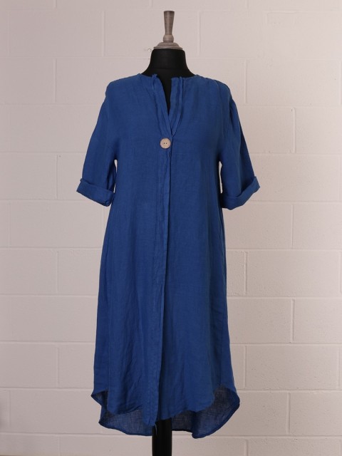 Italian Short Sleeves Button Detail Dip Hem Lagenlook Linen Dress