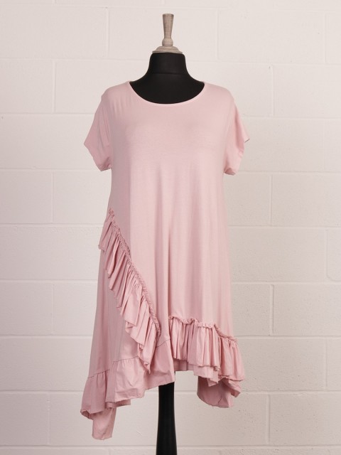 Italian Short Sleeves Frilled Hem Tunic Dress