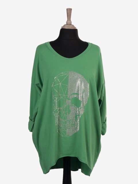 Italian Skull Diamante Dip Hem Top