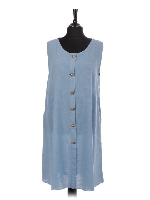 Italian Sleeveless Button Panel Dress With Side Pockets