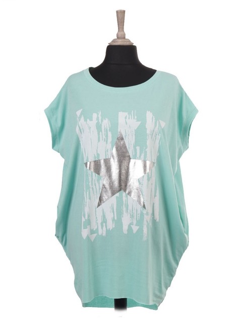 Italian Sleeveless Glossy Star And Brush Stroke Print Batwing Top