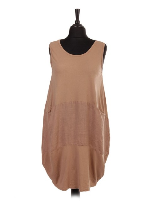 Italian Sleeveless Lagenlook Dress With Linen Patch and Pockets