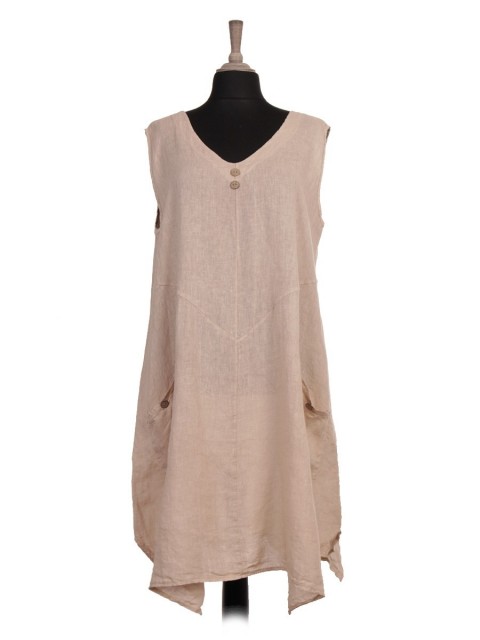 Italian Sleeveless V-Neck Linen Dress with Front Pockets