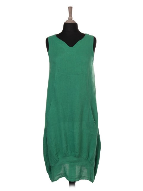 Italian Sleeveless V-neck Linen Lagenlook Dress With Front Pockets