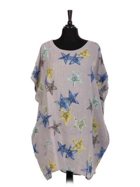 Italian Star Print Linen Baggy Dress With Side Pockets