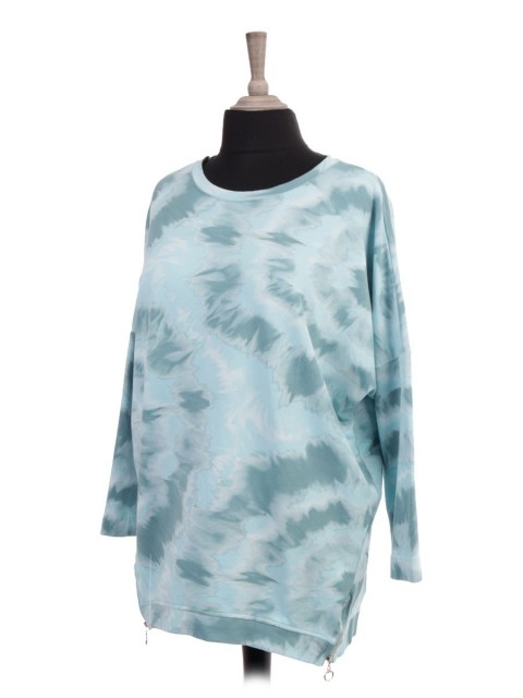 Italian Tie Dye Print Dip Hem Top With Side Zip Details