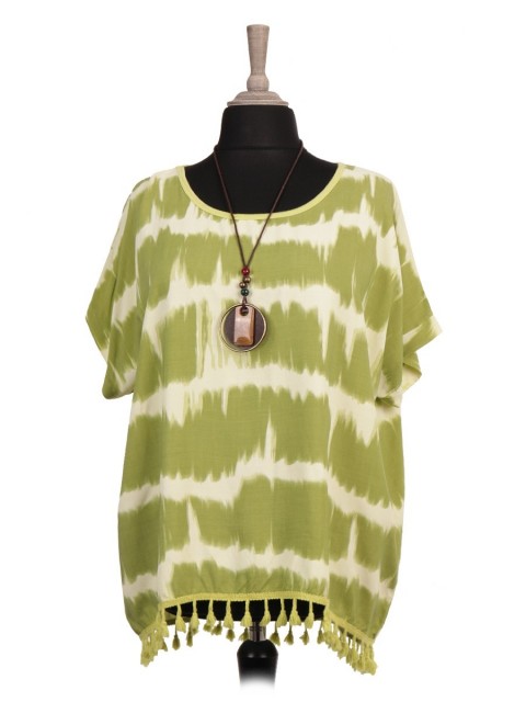 Italian Tie Dye Print Tassel Hem Top With Necklace