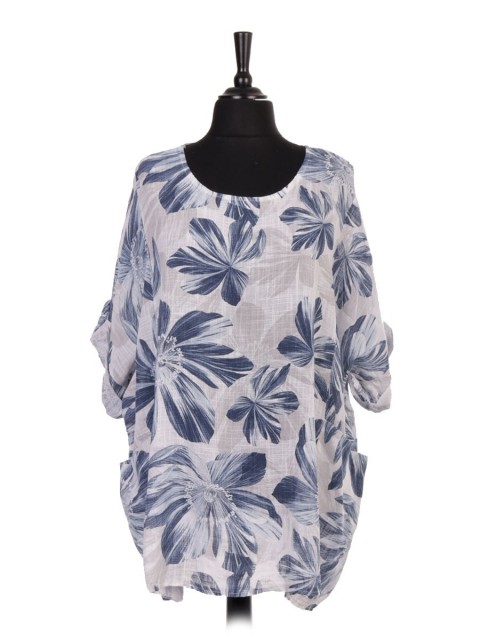 Italian Turn-up Sleeve Floral Print Batwing Top with Front Pockets